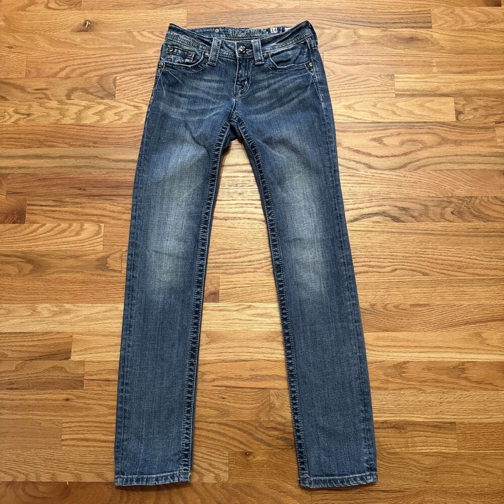 Miss Me Skinny Jeans Girls 14 Blue Dark Wash Embellished Flap Pockets